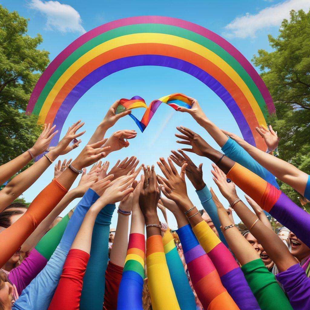 A vibrant gathering of diverse individuals celebrating pride, showcasing multiple gender identities through colorful flags, joyful expressions, and supportive interactions. Include symbols of unity and love, such as intertwined hands or a heart, with a backdrop of a rainbow-colored sky. Capture a sense of acceptance and community in a lively park setting. bright colors. whimsical art style. 