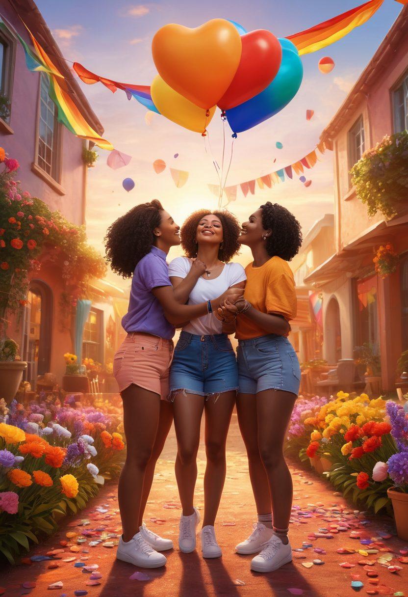 A vibrant scene depicting a diverse group of queer women joyfully celebrating love together in a colorful outdoor setting, surrounded by rainbow flags and flowers. Include elements that symbolize empowerment and unity, such as intertwined hands and heart-shaped balloons. Incorporate a soft sunset in the background to create a warm atmosphere. super-realistic. vibrant colors. 3D.