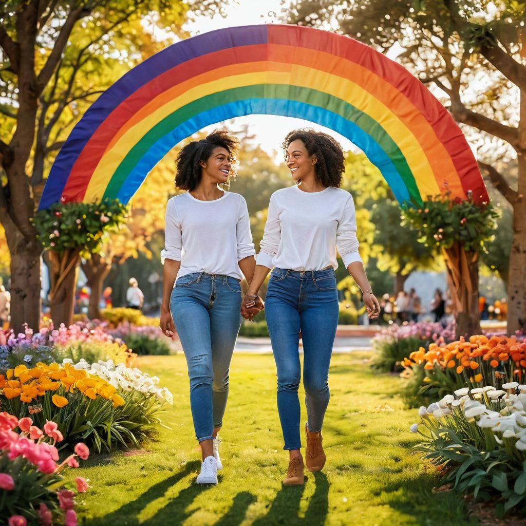 A vibrant and uplifting scene of diverse lesbian couples holding hands in a colorful park, surrounded by blooming flowers and rainbow flags. The atmosphere is filled with joy and connection, showcasing moments of laughter and support among friends. The background features a sunset with warm hues enhancing the sense of community and empowerment. Super-realistic. Vibrant colors. Soft focus.